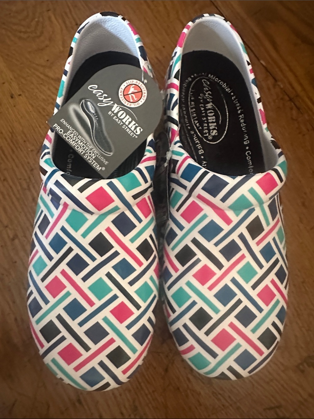easy street Slip-On Shoes in Teal, Pink & Navy Geometric Print